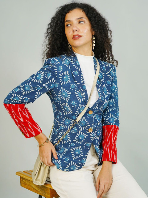 INDOPHILIA Women Printed Notched Lapel Cotton Single-Breasted Blazer - Image 7