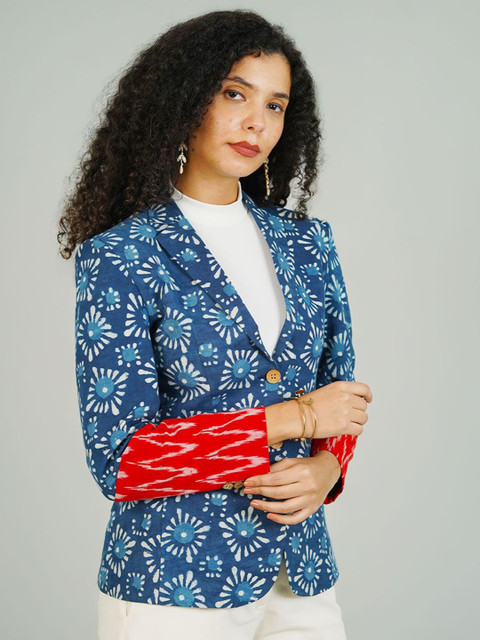 INDOPHILIA Women Printed Notched Lapel Cotton Single-Breasted Blazer - Image 3