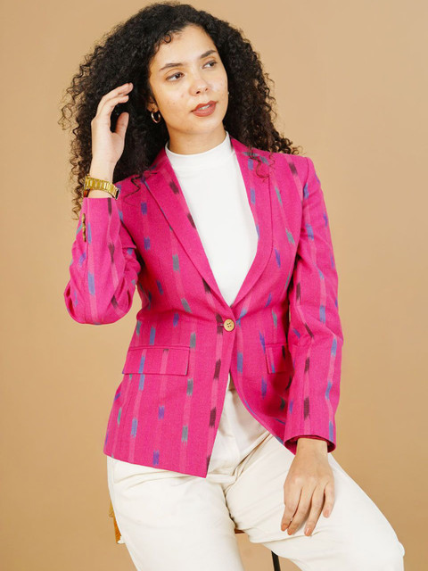 INDOPHILIA Ikat Printed Notched Lapel Cotton Single Breasted Blazer - Image 3