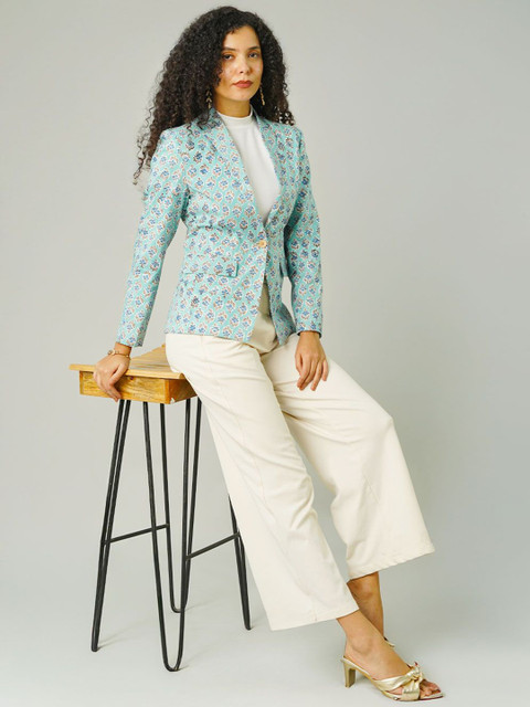 INDOPHILIA Printed Notched Lapel Cotton Single Breasted Blazer - Image 6
