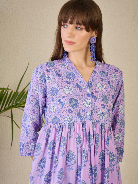 Indo Era Printed V-Neck Pure Cotton Kurta & Trousers