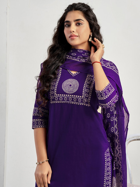 SKYLEE Women Bandhani Printed Straight Kurta with Trousers & Dupatta