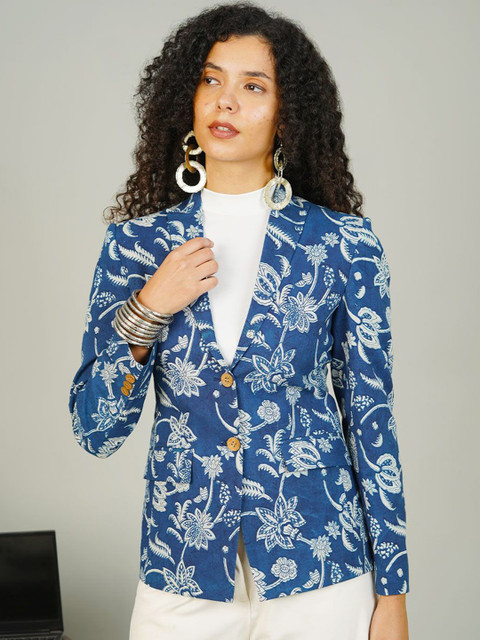 INDOPHILIA Women Printed Cotton Single-Breasted Blazer