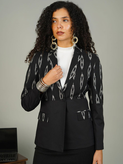 INDOPHILIA Ikat Printed Cotton Single Breasted Blazer