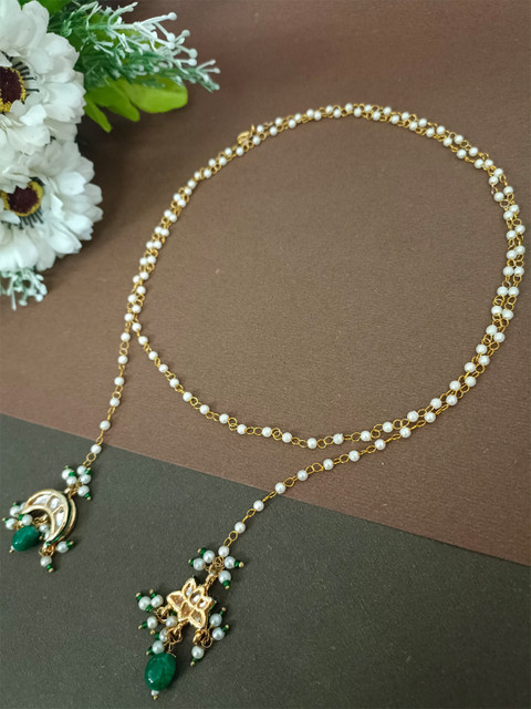 Sanjog Gold-Plated Kundan Moon & Lotus Charms Crescent Statement Pearl Necklace