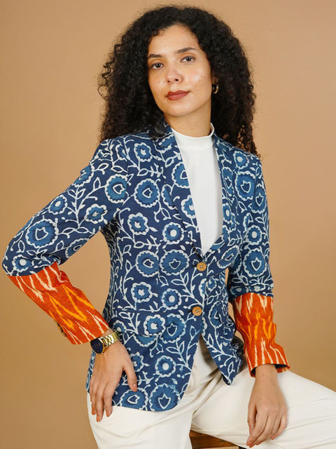 INDOPHILIA Women Ethnic Motif Printed Notched Lapel Cotton Single-Breasted Blazer