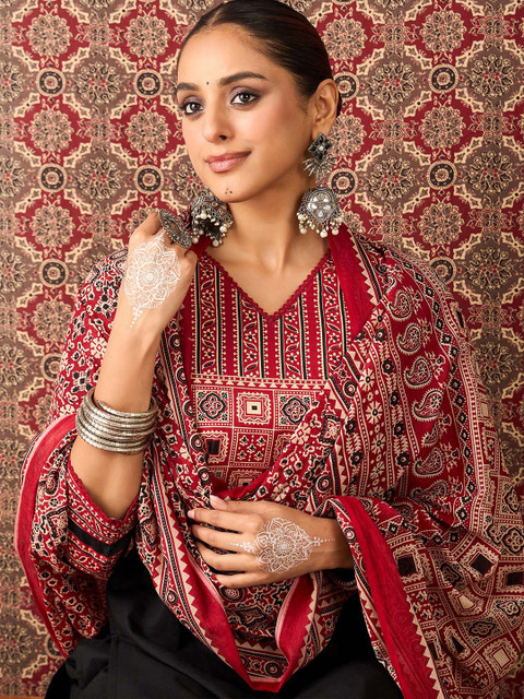 Indo Era Women Ethnic Motifs Black Printed Pure Cotton Kurta with Trousers & Dupatta