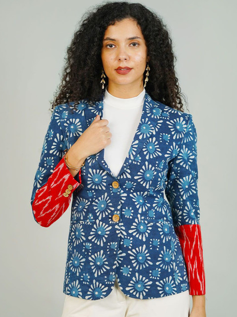 INDOPHILIA Women Printed Notched Lapel Cotton Single-Breasted Blazer