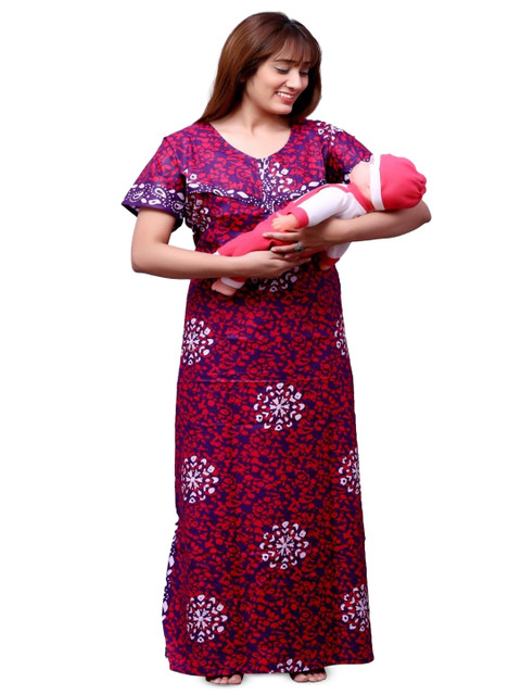 ANKONA Floral Printed Short Sleeves Pure Cotton Maxi Maternity Nightdress