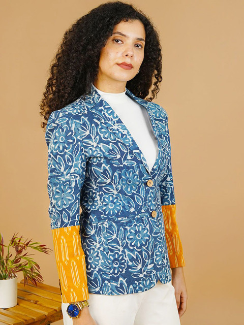 INDOPHILIA Printed Indigo Notched Lapel Cotton Single Breasted Blazer - Image 3