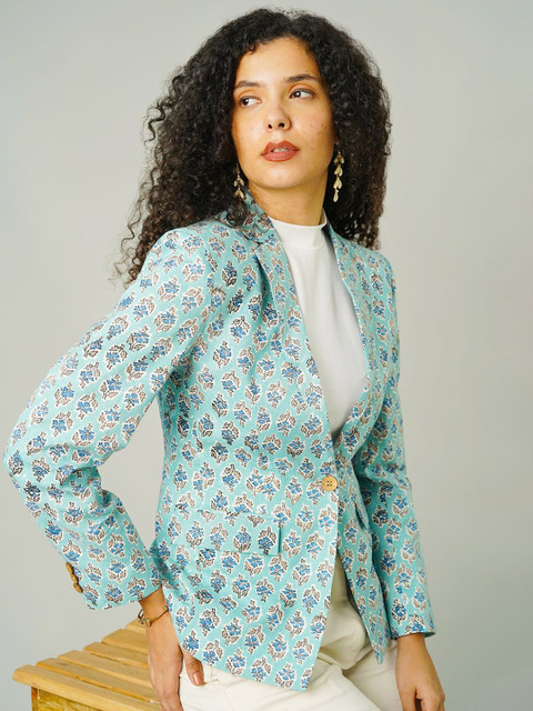 INDOPHILIA Printed Notched Lapel Cotton Single Breasted Blazer - Image 3