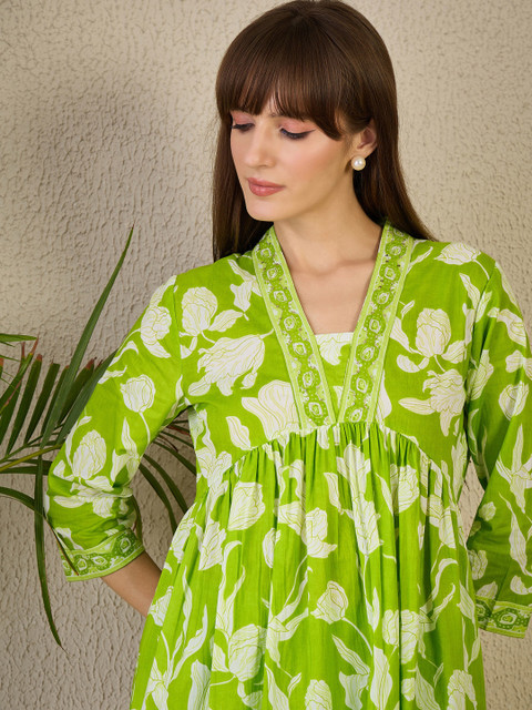 Indo Era Printed V-Neck Pure Cotton Tunic With Trouser