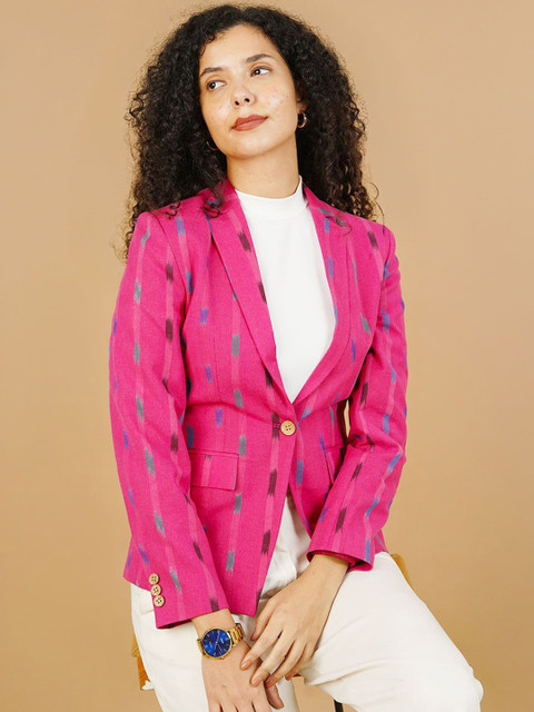 INDOPHILIA Ikat Printed Notched Lapel Cotton Single Breasted Blazer - Image 5