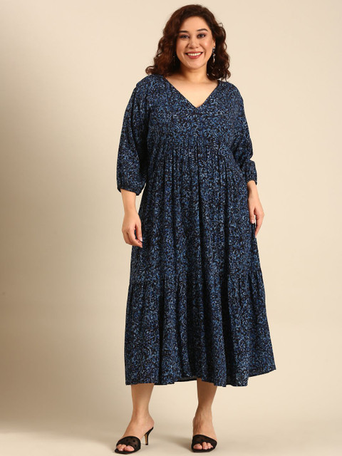 The Pink Moon Women Navy Printed Alia-Cut Tiered Dress