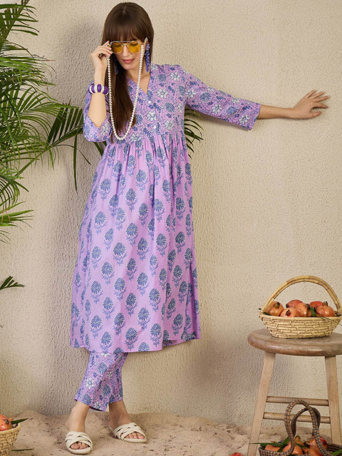 Indo Era Printed V-Neck Pure Cotton Kurta & Trousers - Image 6