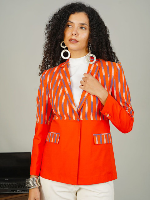 INDOPHILIA Printed Notched Lapel Cotton Slim Fit Single-Breasted Blazer