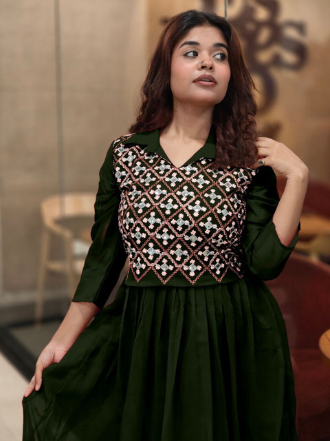 KALINI Women Embroidered Shirt Collar Fit & Flare Maxi Ethnic Dress