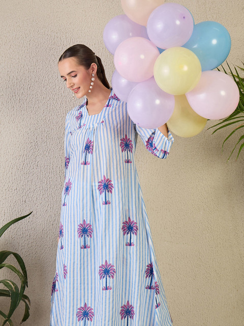 Indo Era Striped Shirt Collar A-Line Pure Cotton Kurta & Trousers