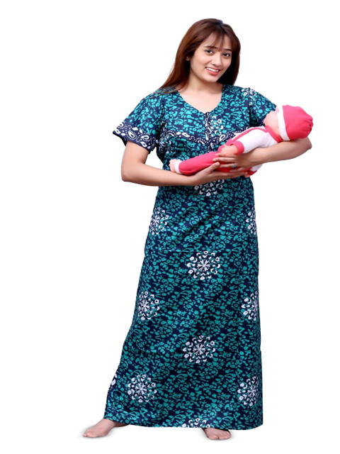 ANKONA Floral Printed Short Sleeves Pure Cotton Maxi Maternity Nightdress