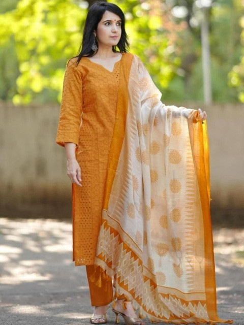 MILAAV Straight Cotton Kurta With Trousers & Dupatta
