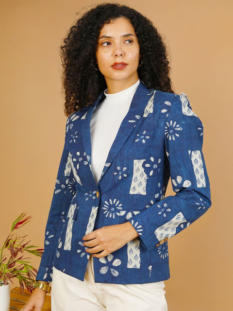 INDOPHILIA Women Printed Notched Lapel Cotton Single-Breasted Blazer
