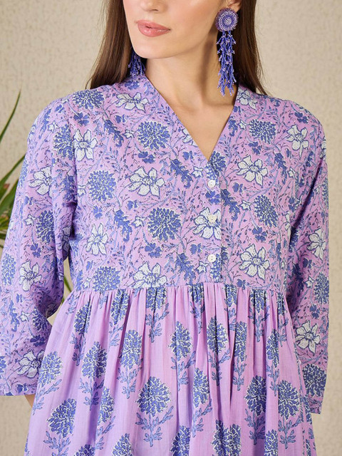 Indo Era Printed V-Neck Pure Cotton Kurta & Trousers - Image 3