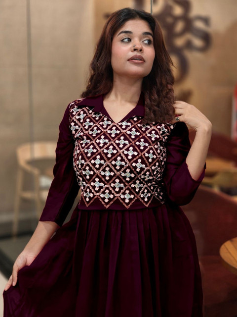 KALINI Embroidered Fit & Flare Maxi Ethnic Dress