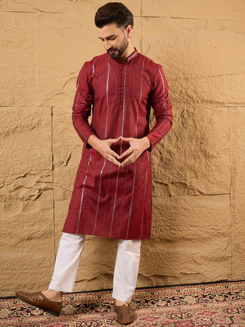 House of Pataudi Men Striped Embellished Sequins Detail Cotton Straight Kurta