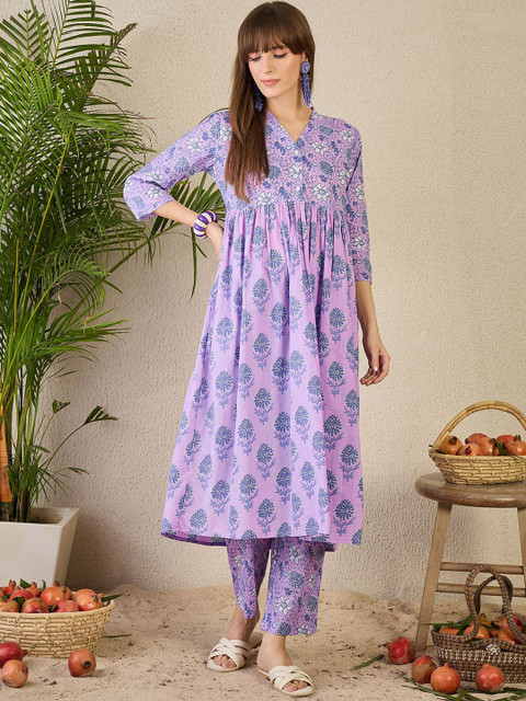 Indo Era Printed V-Neck Pure Cotton Kurta & Trousers - Image 2