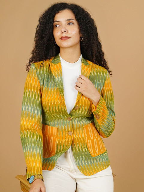 INDOPHILIA Ikat Printed Cotton Single-Breasted Blazer