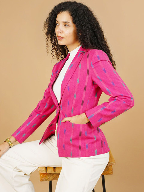INDOPHILIA Ikat Printed Notched Lapel Cotton Single Breasted Blazer - Image 6