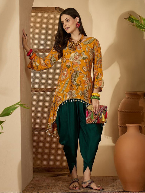 Sangria Women Batik Print High-Low C-Cut Kurta with Dhoti Pant Set