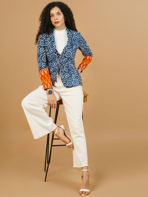 INDOPHILIA Women Ethnic Motif Printed Notched Lapel Cotton Single-Breasted Blazer - Image 5