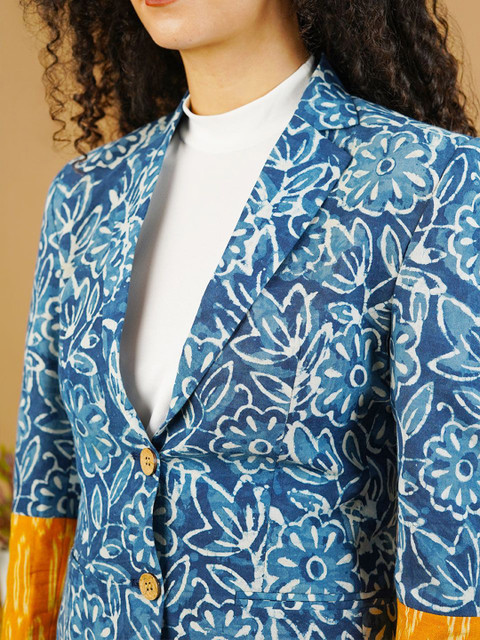 INDOPHILIA Printed Indigo Notched Lapel Cotton Single Breasted Blazer - Image 2