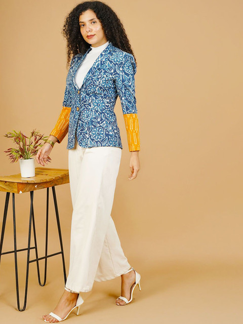 INDOPHILIA Printed Indigo Notched Lapel Cotton Single Breasted Blazer - Image 6