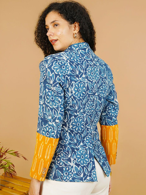 INDOPHILIA Printed Indigo Notched Lapel Cotton Single Breasted Blazer - Image 5