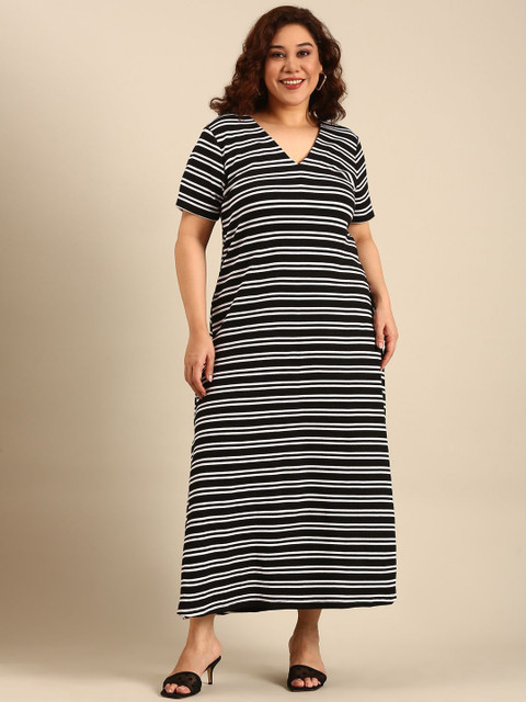The Pink Moon Women Black and White Striped A-Line Dress