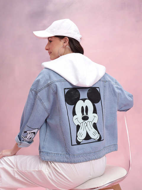 DressBerry Disney Mickey Mouse Photographic Print Pure Cotton Hooded Denim Jacket