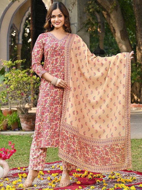 KALINI Women Floral Printed Regular Kurta with Trousers & With Dupatta - Image 3