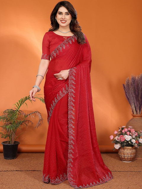 STYLETONE Embellished Embroidered Poly Chiffon Heavy Work Saree