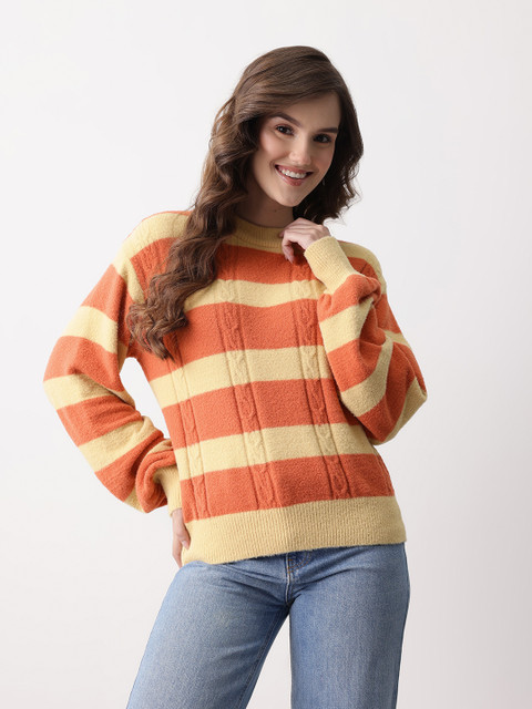Mast & Harbour Cable Knit Striped Pullover with Fuzzy Detail