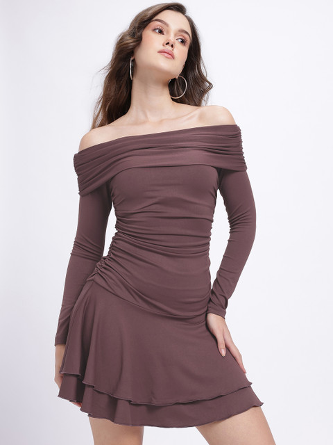glitchez Off-Shoulder Ruched & Layered Drop-Waist Dress