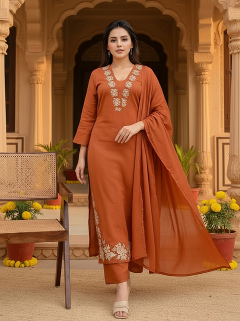 Aaghnya Women Ethnic Motifs Embroidered Regular Thread Work Kurta with Trousers & With Dupatta