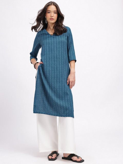 Anouk Rustic Self-Striped V-Neck Straight Republic Day Republic Day Kurta