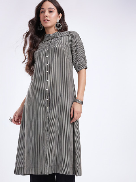 fusion by glitchez Striped Band Collar Gathers Monochrome A-line Kurta