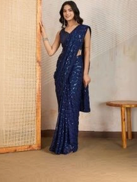 Zili Embellished Sequinned Pure Georgette Heavy Work Saree