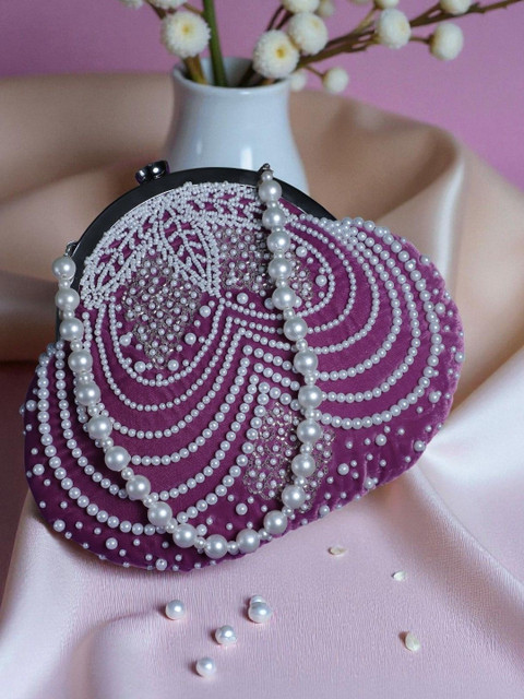 VRPS Handicrafts Embroidered Embellished Half Moon Clutch