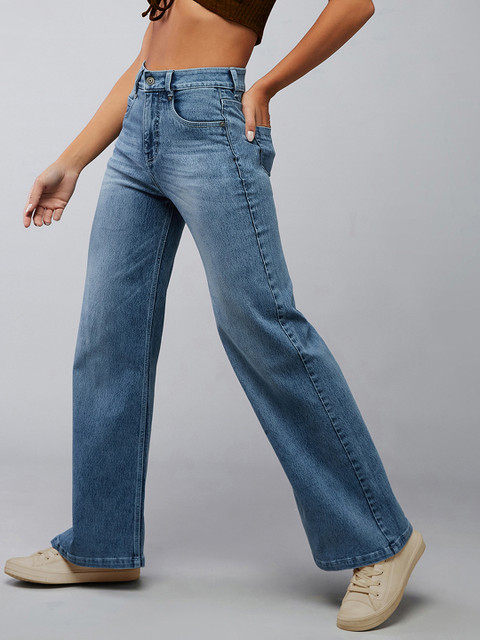 DOLCE CRUDO Women Wide Leg High-Rise Low Distress Heavy Fade Stretchable Jeans