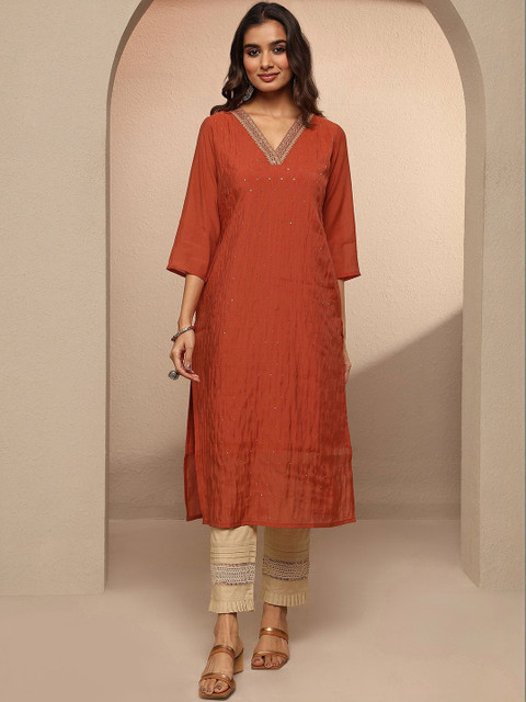 Libas Women Rust Embellished Chanderi Cotton Straight Kurta - Image 5