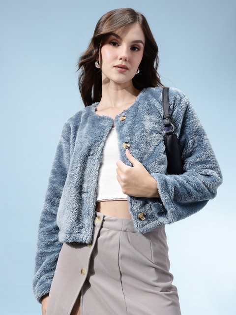 glitchez Faux Fur Collarless Jacket